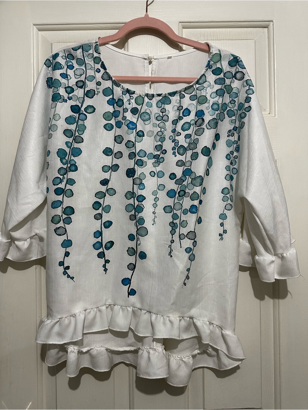 White Floral Watercolor Ruffle Hem Women's Top